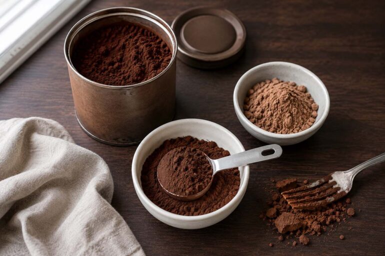 Clean flat lay on a dark wood surface showing a cocoa powder tin with its lid beside it, a small white ceramic bowl with a mound of dark brown cocoa powder and a dry measuring tablespoon resting in it, and a second small bowl showing a lighter natural cocoa powder