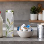 Four types of coffee creamer on a kitchen counter: a bottle of refrigerated dairy liquid creamer, a shelf-stable carton of non-dairy creamer, a bowl of mini sealed creamer cups, and an open tin of powdered creamer with a small spoon