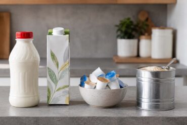 Four types of coffee creamer on a kitchen counter: a bottle of refrigerated dairy liquid creamer, a shelf-stable carton of non-dairy creamer, a bowl of mini sealed creamer cups, and an open tin of powdered creamer with a small spoon