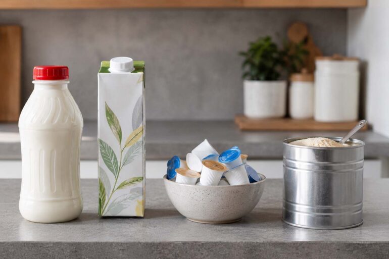 Four types of coffee creamer on a kitchen counter: a bottle of refrigerated dairy liquid creamer, a shelf-stable carton of non-dairy creamer, a bowl of mini sealed creamer cups, and an open tin of powdered creamer with a small spoon