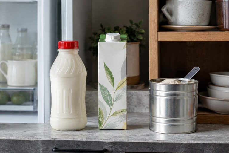 Three types of coffee creamer on a kitchen counter: a bottle of refrigerated dairy creamer on the left, a shelf-stable non-dairy carton in the center, and a tin of powdered creamer on the right, each in its correct storage location