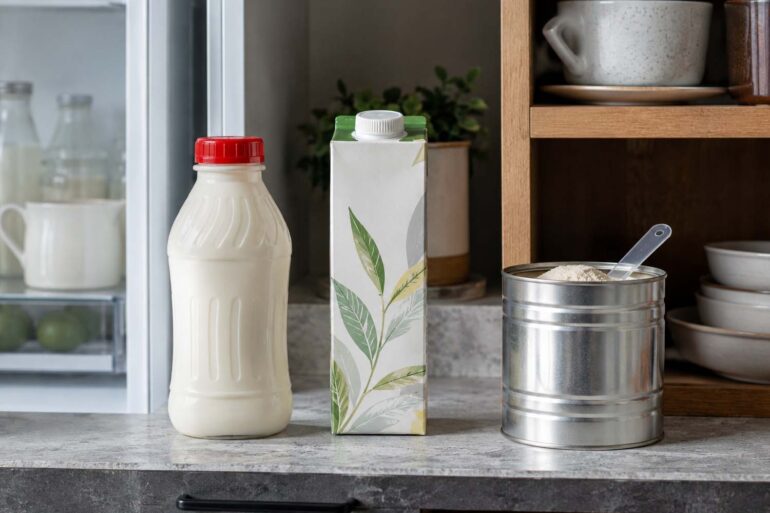 Three types of coffee creamer on a kitchen counter: a bottle of refrigerated dairy creamer on the left, a shelf-stable non-dairy carton in the center, and a tin of powdered creamer on the right, each in its correct storage location