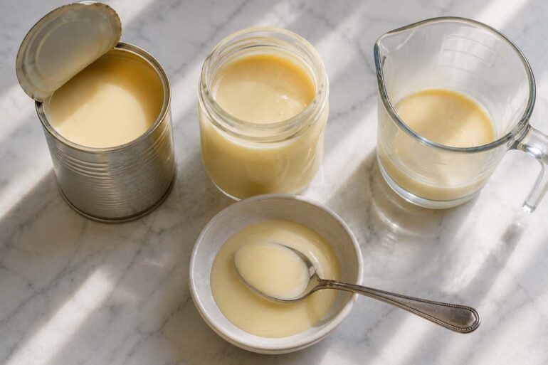 a can of sweetened condensed milk with its top opened beside a small glass jar of the thick, pale golden milk poured out, a spoon resting in a small bowl showing the syrupy, dense texture, and a measuring cup nearby.