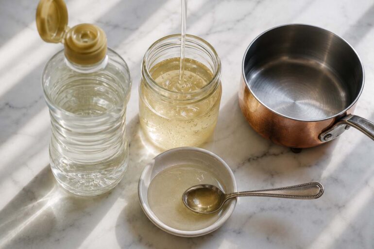 o corn syrup bottle with its cap open beside a small glass jar of the thick, pale golden syrup mid-pour, a spoon resting in a small dish showing the syrup's smooth viscous texture, and a small saucepan nearby