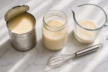 Does Evaporated Milk Go Bad. flat lay on a white marble surface, plain unlabeled can with its top opened beside a small glass jar of poured golden-cream colored liquid, a measuring cup with some evaporated milk, and a small whisk nearby
