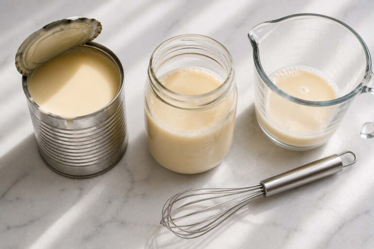 Does Evaporated Milk Go Bad. flat lay on a white marble surface, plain unlabeled can with its top opened beside a small glass jar of poured golden-cream colored liquid, a measuring cup with some evaporated milk, and a small whisk nearby