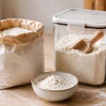 An opened paper bag of all-purpose flour beside a clear airtight pantry container filled with flour, a wooden scoop partially buried in the flour, and a small ceramic bowl of flour in the foreground
