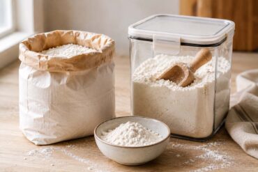 An opened paper bag of all-purpose flour beside a clear airtight pantry container filled with flour, a wooden scoop partially buried in the flour, and a small ceramic bowl of flour in the foreground