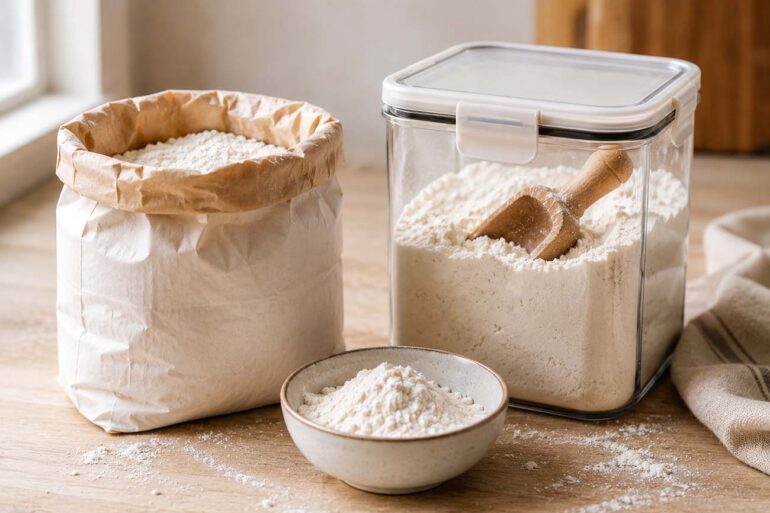 An opened paper bag of all-purpose flour beside a clear airtight pantry container filled with flour, a wooden scoop partially buried in the flour, and a small ceramic bowl of flour in the foreground