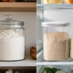 A split-scene kitchen image: left side shows a glass airtight canister of white flour sitting on a clean pantry shelf with warm natural light. Right side shows a sealed container of darker whole wheat flour on a refrigerator shelf next to a bag of almond flour