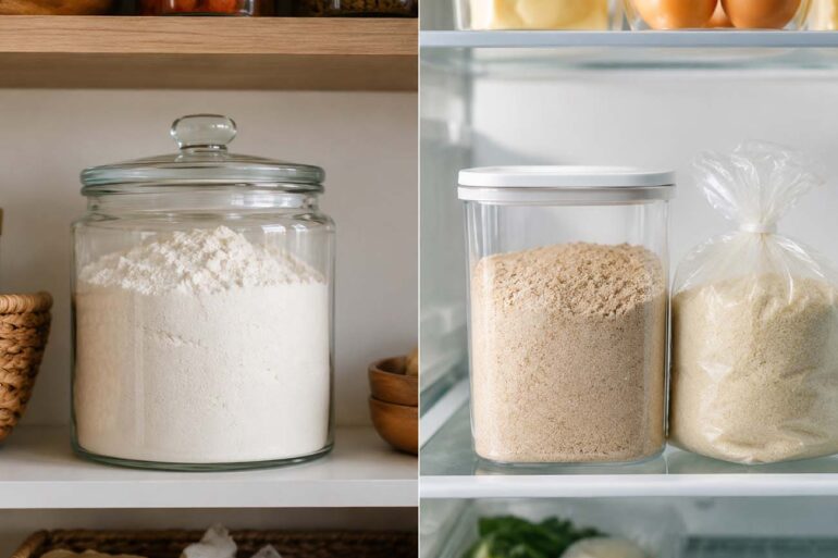 A split-scene kitchen image: left side shows a glass airtight canister of white flour sitting on a clean pantry shelf with warm natural light. Right side shows a sealed container of darker whole wheat flour on a refrigerator shelf next to a bag of almond flour