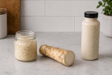 A jar of prepared horseradish, a fresh horseradish root, and a bottle of creamy horseradish sauce on a kitchen counter