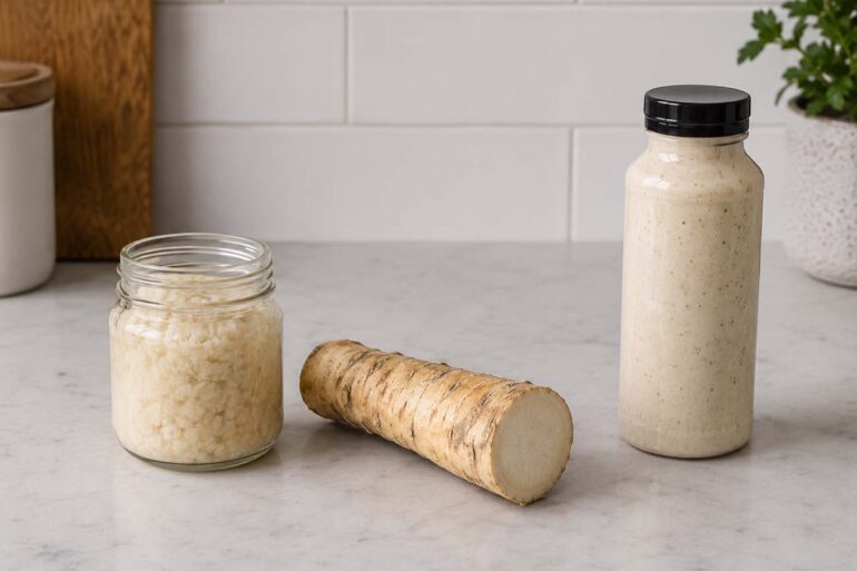 A jar of prepared horseradish, a fresh horseradish root, and a bottle of creamy horseradish sauce on a kitchen counter