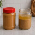 A jar of commercial peanut butter next to a jar of natural peanut butter with separated oil on top, on a kitchen counter.