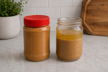 A jar of commercial peanut butter next to a jar of natural peanut butter with separated oil on top, on a kitchen counter.