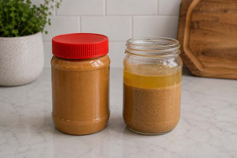 A jar of commercial peanut butter next to a jar of natural peanut butter with separated oil on top, on a kitchen counter.