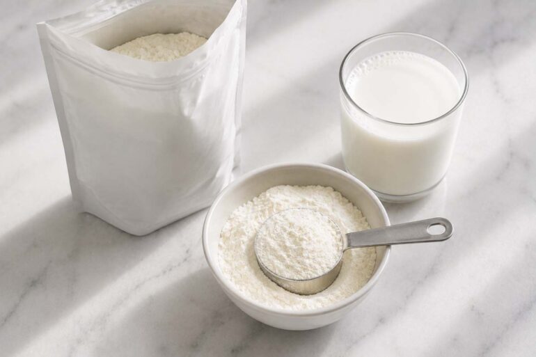 Does Powdered Milk Go Bad? A plain unlabeled box or bag of fine white milk powder beside it, a small white ceramic bowl filled with the powder and a dry measuring cup resting in it, and a glass of reconstituted white milk sitting nearby.