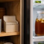 A sealed tin of loose leaf tea and a box of tea bags on a pantry shelf on the left, and a glass pitcher of brewed iced tea sealed with a lid inside a refrigerator on the right