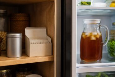 A sealed tin of loose leaf tea and a box of tea bags on a pantry shelf on the left, and a glass pitcher of brewed iced tea sealed with a lid inside a refrigerator on the right