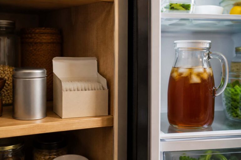 A sealed tin of loose leaf tea and a box of tea bags on a pantry shelf on the left, and a glass pitcher of brewed iced tea sealed with a lid inside a refrigerator on the right