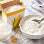 a cornstarch box with its lid open beside a small white ceramic bowl filled with the fine silky white powder and a dry measuring tablespoon resting in it. A small glass of cloudy cornstarch slurry (water plus cornstarch mixed) sits nearby to show the texture.