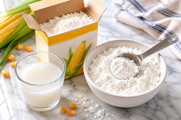 a cornstarch box with its lid open beside a small white ceramic bowl filled with the fine silky white powder and a dry measuring tablespoon resting in it. A small glass of cloudy cornstarch slurry (water plus cornstarch mixed) sits nearby to show the texture.