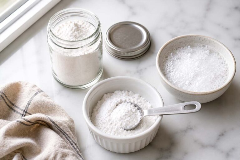 a small glass spice jar of white cream of tartar powder with its lid beside it, a white ceramic ramekin with a small mound of the powder and a measuring spoon resting in it, and a second small bowl beside it showing a vigorous white fizz from the baking soda water test