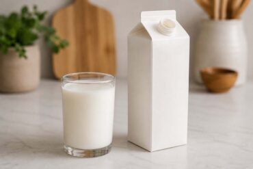 Glass of fresh white milk beside an open milk carton on a clean kitchen counter