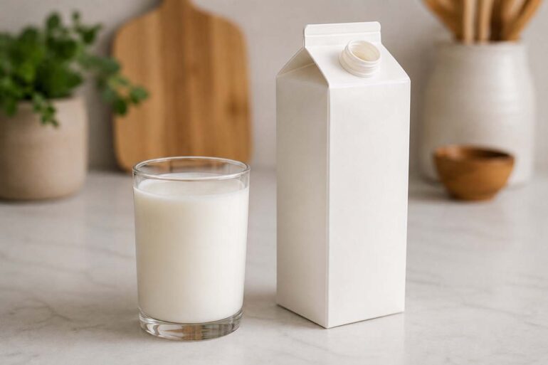 Glass of fresh white milk beside an open milk carton on a clean kitchen counter