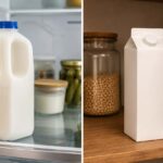 Carton of milk on refrigerator shelf versus shelf-stable milk box on pantry shelf, split composition