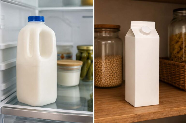 Carton of milk on refrigerator shelf versus shelf-stable milk box on pantry shelf, split composition