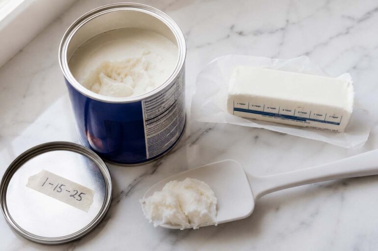 a white marble surface showing a shortening can with its lid open beside it, a white rubber spatula with a clean scoop of white shortening resting on it, and a single shortening stick still in its paper wrapper nearby