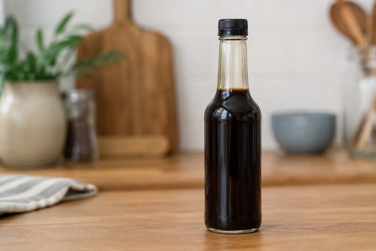 Glass bottle of Worcestershire sauce on a wooden kitchen counter, dark brown sauce visible through bottle