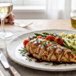 grilled chicken with balsamic sauce on a dining table setting
