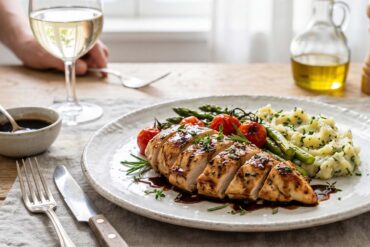 grilled chicken with balsamic sauce on a dining table setting