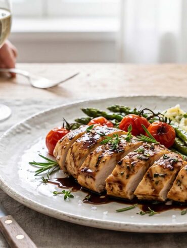 grilled chicken with balsamic sauce on a dining table setting