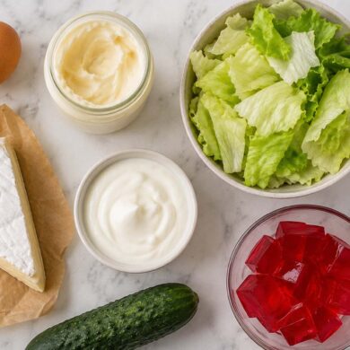 Overhead flat lay of foods that should not be frozen, including a whole egg, a jar of mayo, a bowl of lettuce, a slice of soft brie, a ramekin of sour cream, a cucumber, and a bowl of gelatin dessert, arranged on a white marble surface