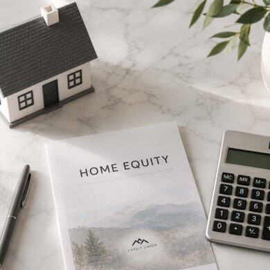 Flat lay on a clean white marble surface showing a small house model, a pen, a folded document labeled HOME EQUITY, and a calculator