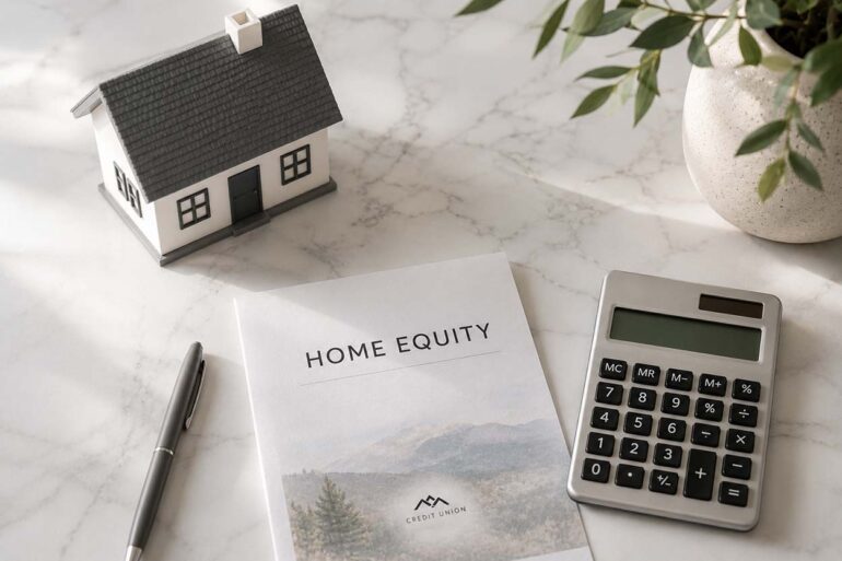 Flat lay on a clean white marble surface showing a small house model, a pen, a folded document labeled HOME EQUITY, and a calculator