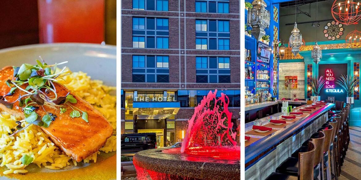A three-panel collage showing the Honey Miso Salmon at Grillfire on the left, the hotel exterior at dusk with a red-lit fountain in the center, and the Añejo Rose bar with its neon tequila sign on the right.