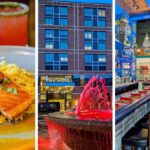A three-panel collage showing the Honey Miso Salmon at Grillfire on the left, the hotel exterior at dusk with a red-lit fountain in the center, and the Añejo Rose bar with its neon tequila sign on the right.