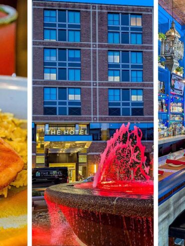 A three-panel collage showing the Honey Miso Salmon at Grillfire on the left, the hotel exterior at dusk with a red-lit fountain in the center, and the Añejo Rose bar with its neon tequila sign on the right.