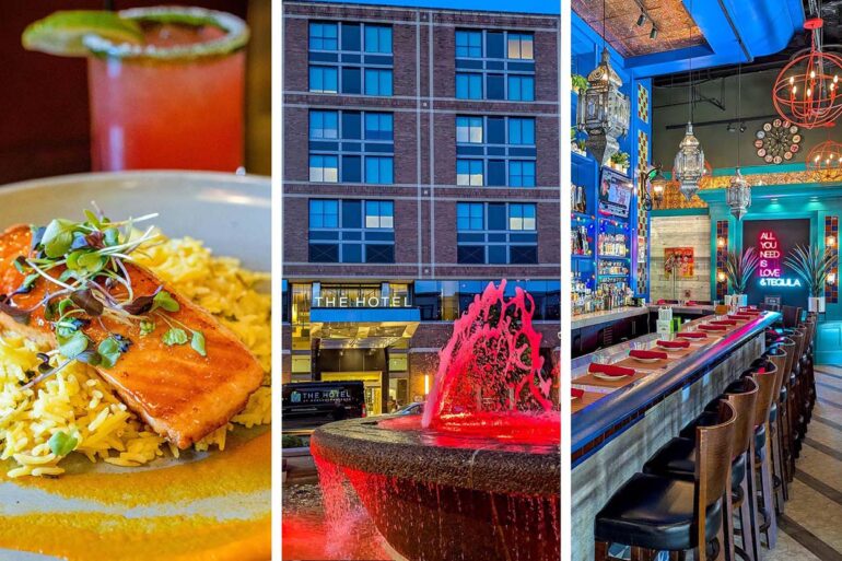 A three-panel collage showing the Honey Miso Salmon at Grillfire on the left, the hotel exterior at dusk with a red-lit fountain in the center, and the Añejo Rose bar with its neon tequila sign on the right.