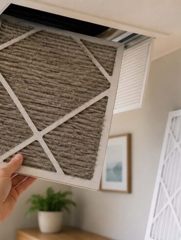 Close-up of a hand pulling out a visibly dirty grey HVAC air filter from a residential ceiling vent, clean white replacement filter leaning against the wall nearby, clean home interior