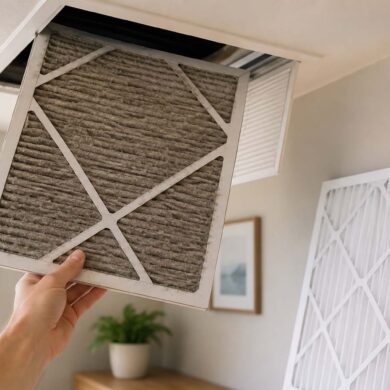 Close-up of a hand pulling out a visibly dirty grey HVAC air filter from a residential ceiling vent, clean white replacement filter leaning against the wall nearby, clean home interior