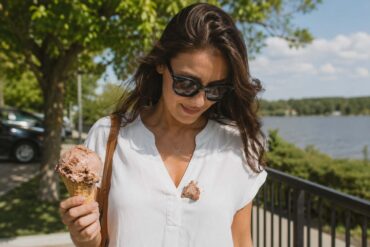 A woman in a white blouse stands outdoors on a sunny afternoon holding a rocky road ice cream cone, looking down at a large scoop that has fallen onto the front of her shirt. A waterfront railing, trees, and softly blurred scenery create a casual summer backdrop, capturing the moment an ice cream treat turns into a clothing stain