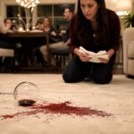 Close-up lifestyle photograph of a fresh red wine spill spreading across a pristine cream-colored area rug beside a tipped-over stemmed wine glass. The stain is sharply focused in the foreground, while a concerned woman kneels in the softly blurred background holding white cloth napkins. Behind her, dinner guests chat around a warmly lit dining table, creating a candid, upscale home atmosphere moments after the accident.