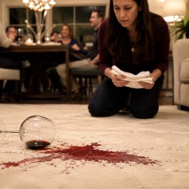 Close-up lifestyle photograph of a fresh red wine spill spreading across a pristine cream-colored area rug beside a tipped-over stemmed wine glass. The stain is sharply focused in the foreground, while a concerned woman kneels in the softly blurred background holding white cloth napkins. Behind her, dinner guests chat around a warmly lit dining table, creating a candid, upscale home atmosphere moments after the accident.