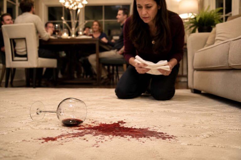 Close-up lifestyle photograph of a fresh red wine spill spreading across a pristine cream-colored area rug beside a tipped-over stemmed wine glass. The stain is sharply focused in the foreground, while a concerned woman kneels in the softly blurred background holding white cloth napkins. Behind her, dinner guests chat around a warmly lit dining table, creating a candid, upscale home atmosphere moments after the accident.