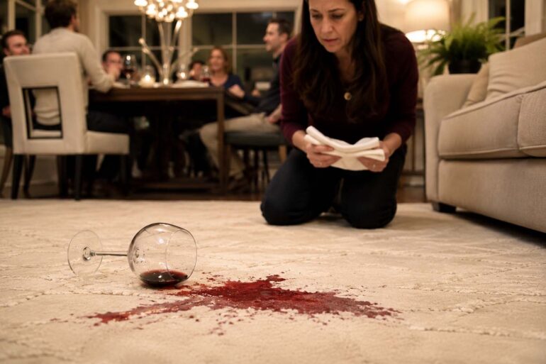 Close-up lifestyle photograph of a fresh red wine spill spreading across a pristine cream-colored area rug beside a tipped-over stemmed wine glass. The stain is sharply focused in the foreground, while a concerned woman kneels in the softly blurred background holding white cloth napkins. Behind her, dinner guests chat around a warmly lit dining table, creating a candid, upscale home atmosphere moments after the accident.